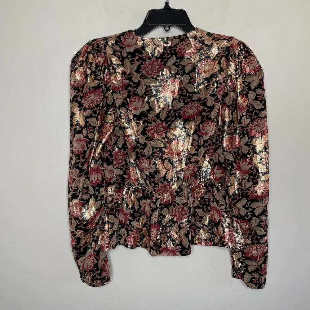 EXPRESS Top Womens Small S Metallic Gold Red Floral Peplum Blouse NEW Faux Wrap - Picture 4 of 10